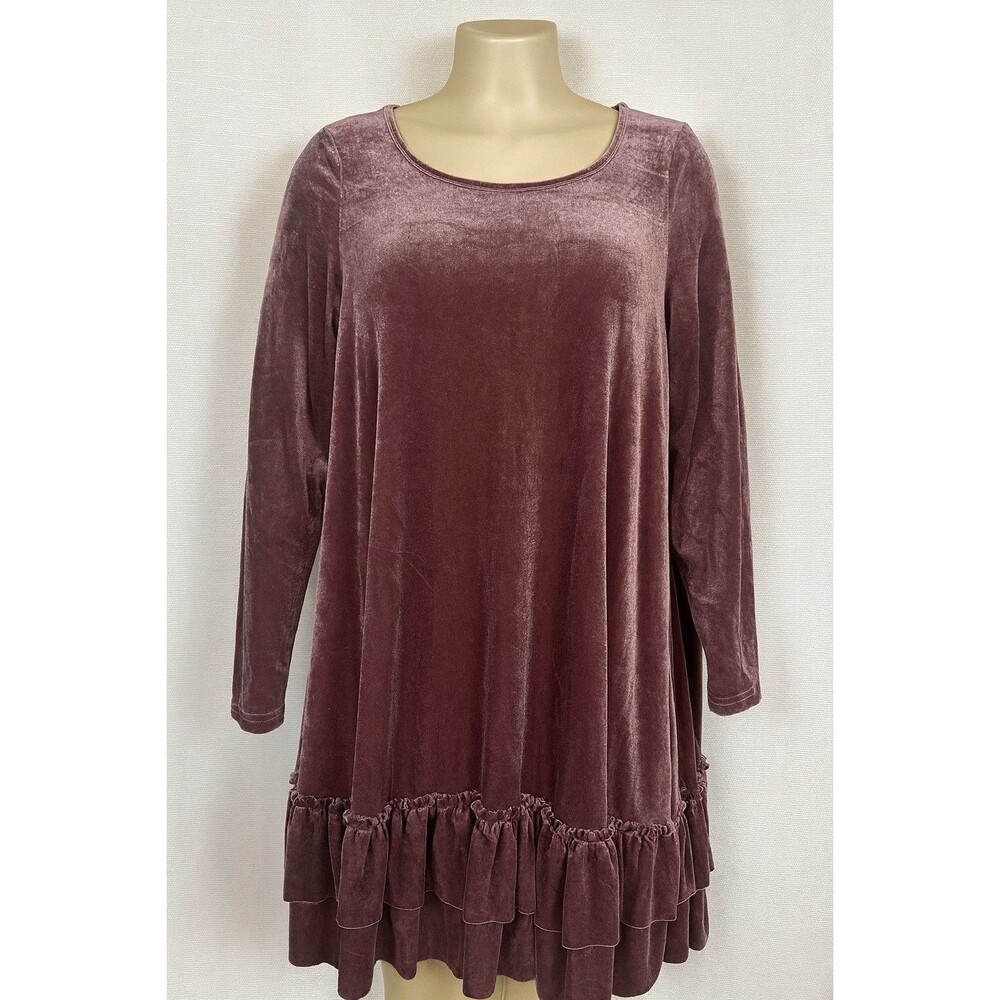 EASEL, Plum, Fit & Flare Scoop Neck Long Slv Dress, Sz Large, Tiers Poly Velour